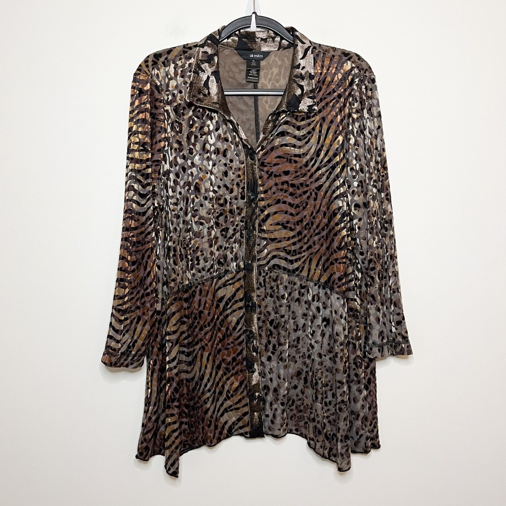 Ali Miles Mixed Animal Print Velvet Burnout Patchwork Tunic Top Womens XL Brown